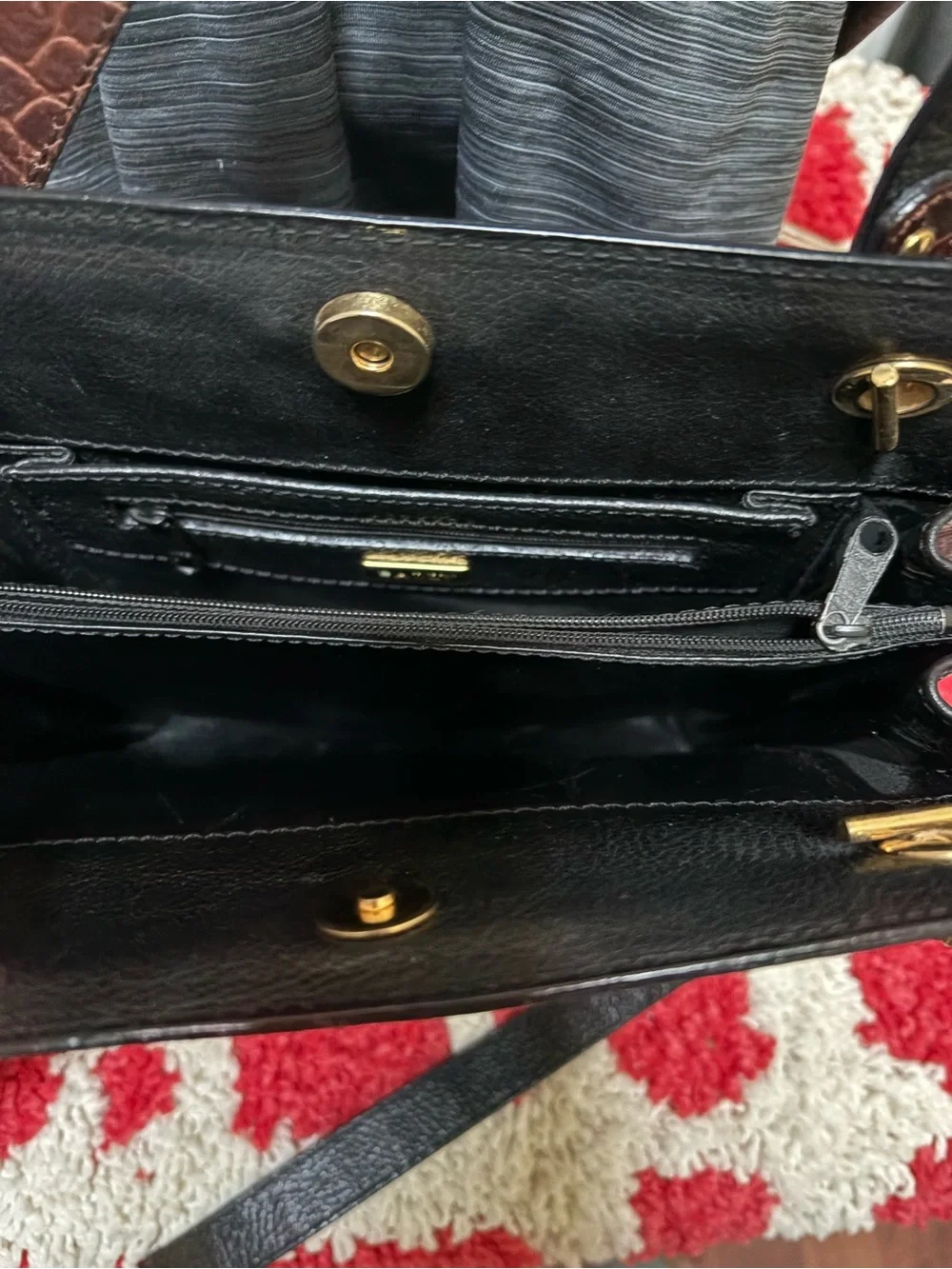 Bally Black Leather Tote with Brown Croc-Trim and Gold Accents